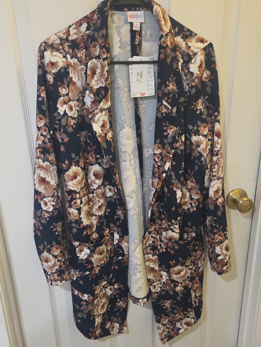 LuLaRoe Black Floral Open Front Blazer with Brown and Cream Roses